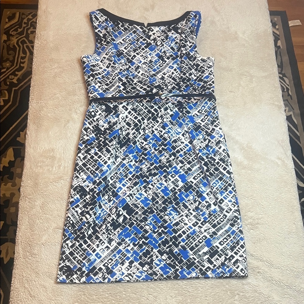 Jessica Abstract Blue and Black Dress with belt sz 10 Petite - Picture 13 of 14